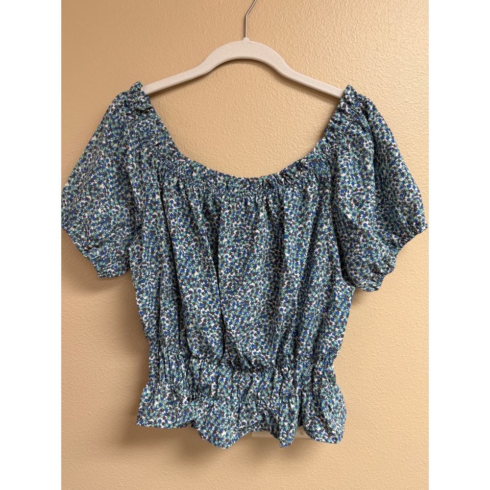 Lilou‎ Blue Floral Smocked Peplum Top Off Shoulder Puff Sleeve Blouse Womens XL